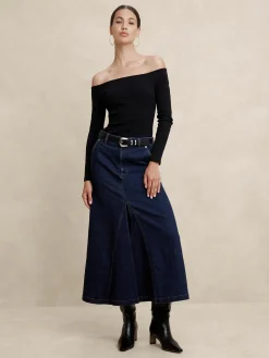 Center Split Classic Denim Maxi Skirt