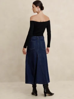 Center Split Classic Denim Maxi Skirt