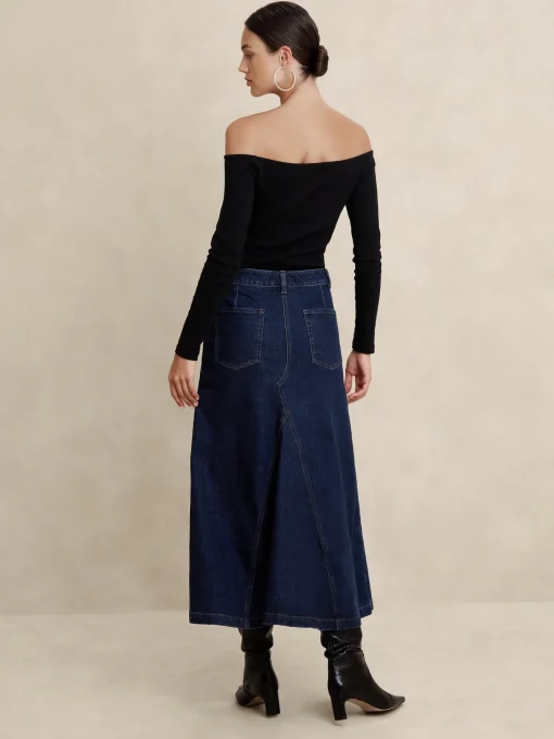 Center Split Classic Denim Maxi Skirt
