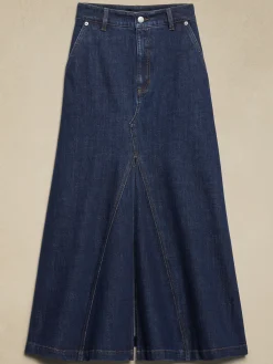 Center Split Classic Denim Maxi Skirt