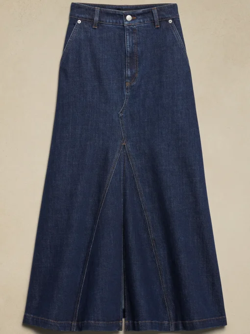 Center Split Classic Denim Maxi Skirt
