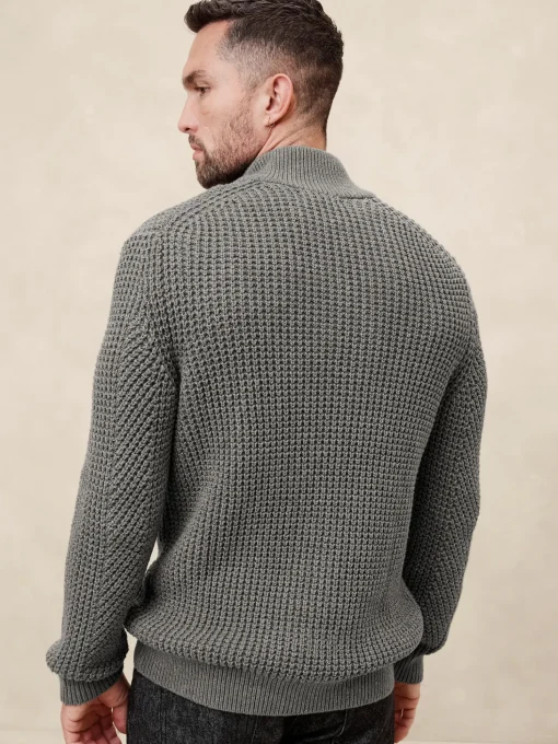Chunky Waffle Buttoned-Neck Sweater