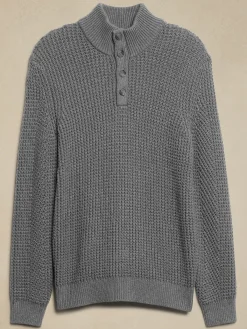 Chunky Waffle Buttoned-Neck Sweater