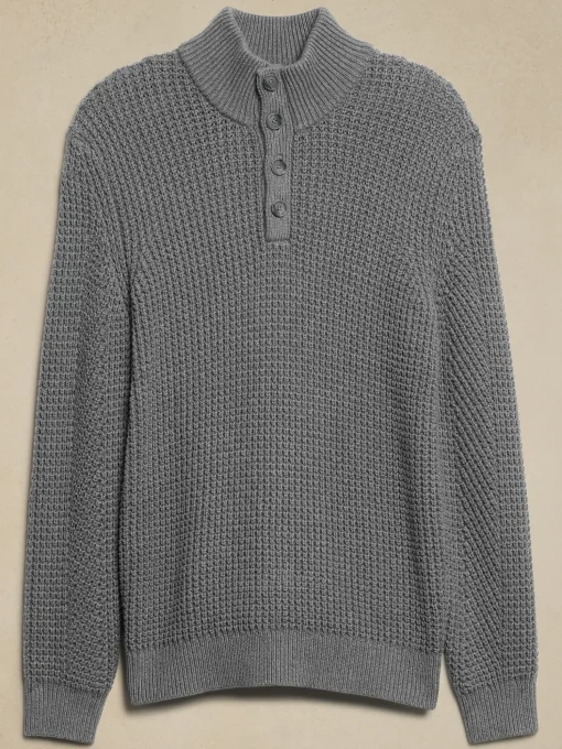 Chunky Waffle Buttoned-Neck Sweater