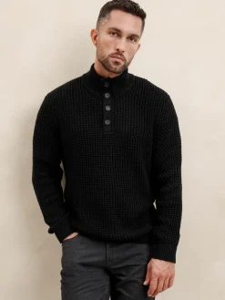 Chunky Waffle Buttoned-Neck Sweater