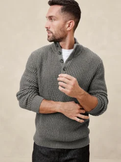 Chunky Waffle Buttoned-Neck Sweater