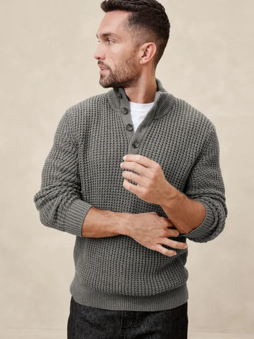 Chunky Waffle Buttoned-Neck Sweater