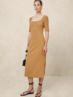 Elbow-Sleeve Ribbed Midi Dress