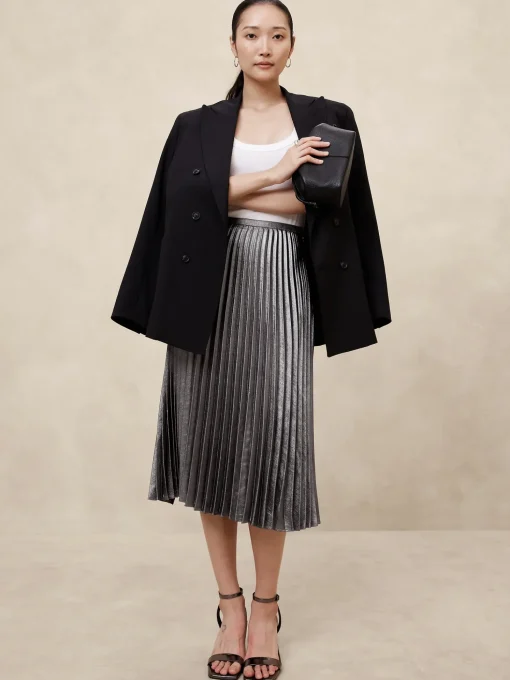 Lamé Pleated Midi Skirt