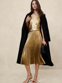 Lamé Pleated Midi Skirt
