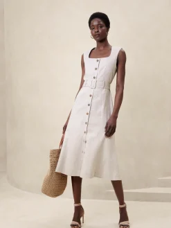 Linen-Blend Button Midi Dress