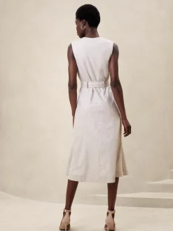 Linen-Blend Button Midi Dress