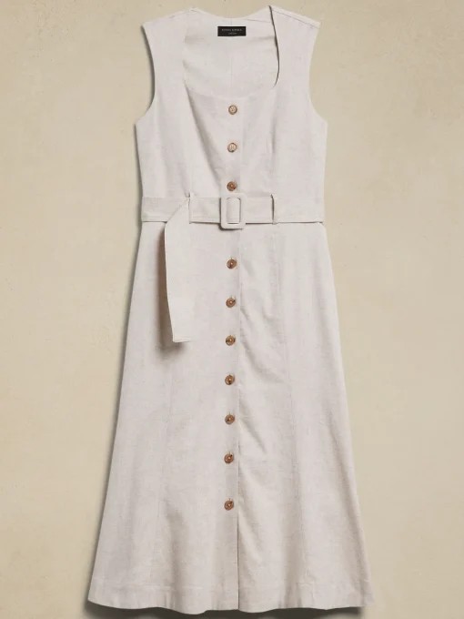 Linen-Blend Button Midi Dress