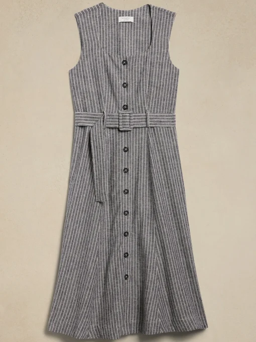 Linen-Blend Button Midi Dress