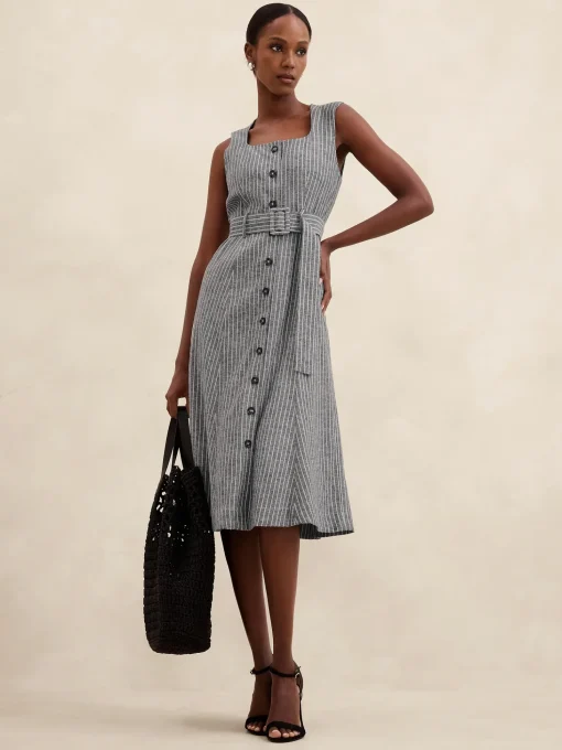 Linen-Blend Button Midi Dress