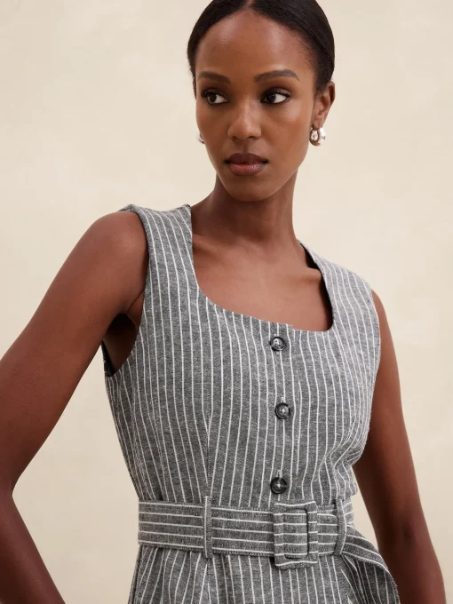 Linen-Blend Button Midi Dress