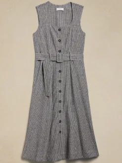 Linen-Blend Button Midi Dress