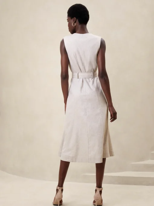 Linen-Blend Button Midi Dress