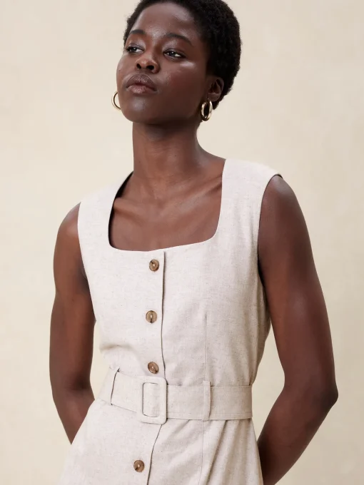 Linen-Blend Button Midi Dress