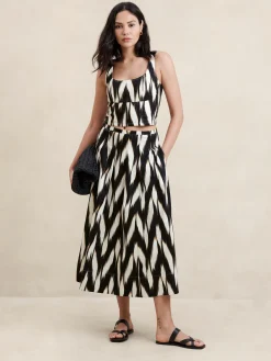 Linen-Blend Pleated Midi Skirt