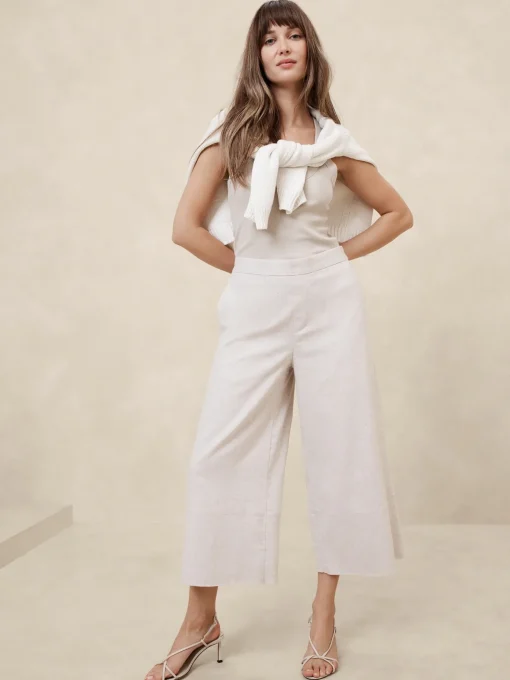 Linen-Blend Wide-Leg Cropped Pull-On Pant