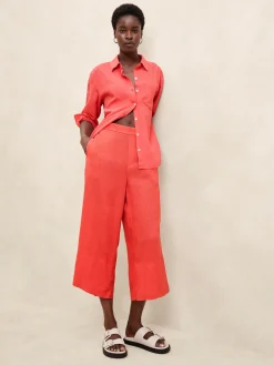 Linen-Blend Wide-Leg Cropped Pull-On Pant