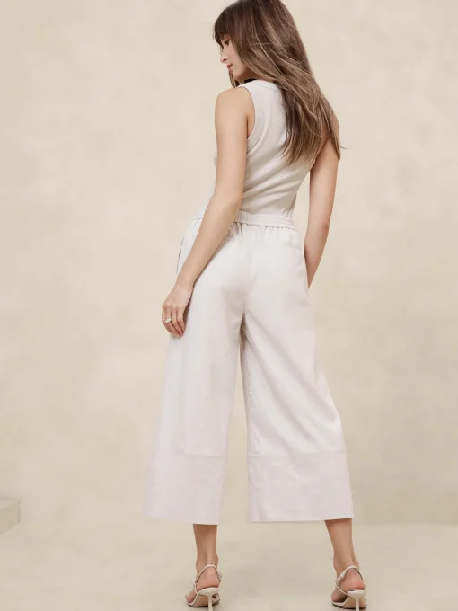 Linen-Blend Wide-Leg Cropped Pull-On Pant