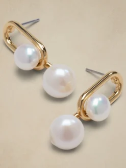 Oval Metal Pearl Drop Earrings