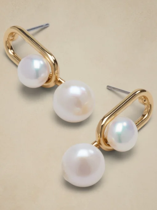 Oval Metal Pearl Drop Earrings