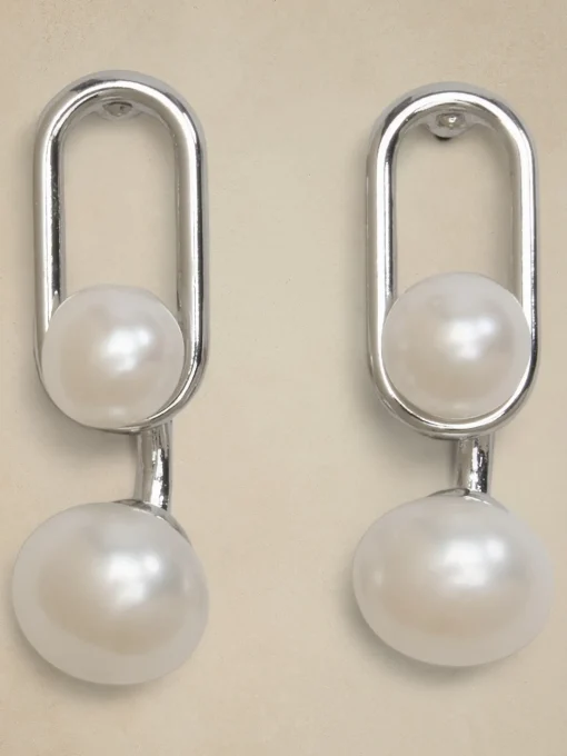 Oval Metal Pearl Drop Earrings