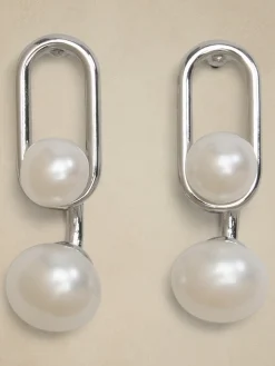 Oval Metal Pearl Drop Earrings