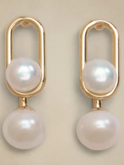Oval Metal Pearl Drop Earrings