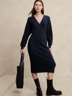Overlap-Neck Midi Sweater Dress