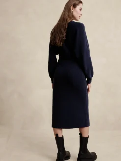 Overlap-Neck Midi Sweater Dress