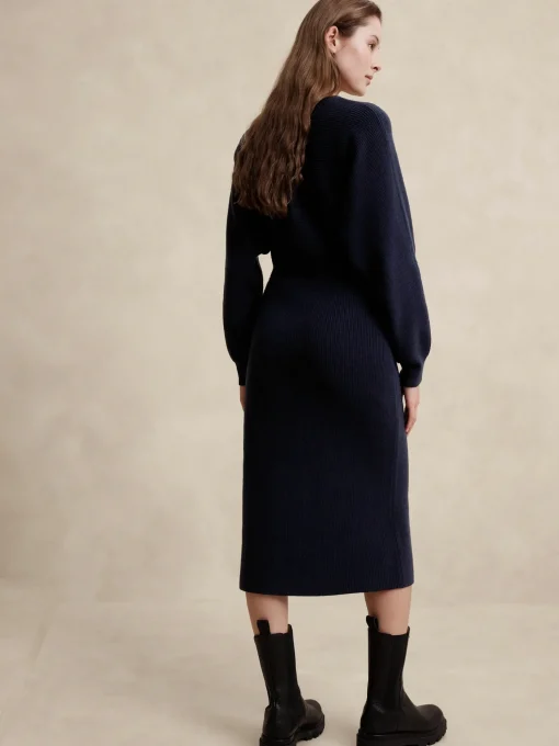 Overlap-Neck Midi Sweater Dress