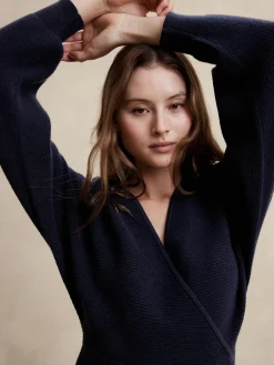 Overlap-Neck Midi Sweater Dress