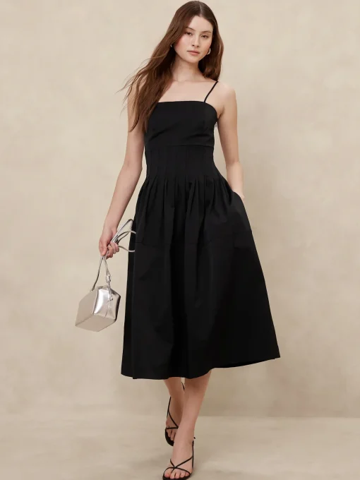 Pleated Taffeta Midi Dress