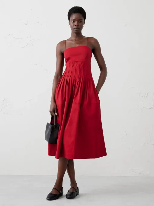 Pleated Taffeta Midi Dress