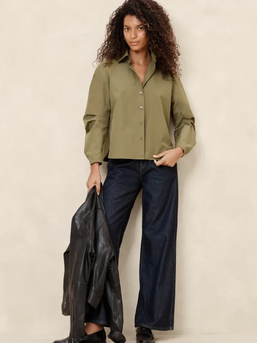 Pleated-Sleeve Taffeta Shirt