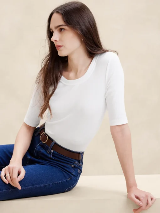 Ribbed Elbow-Sleeve T-Shirt
