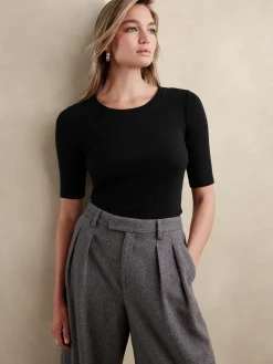 Ribbed Elbow-Sleeve T-Shirt