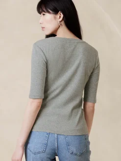 Ribbed Elbow-Sleeve T-Shirt