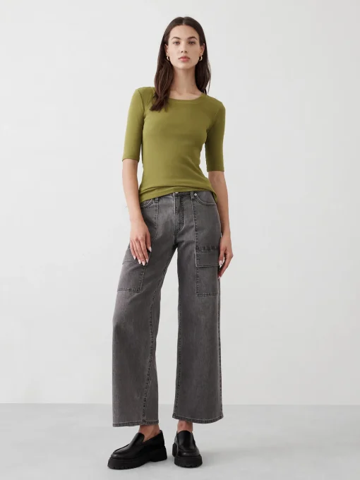 Ribbed Elbow-Sleeve T-Shirt