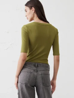 Ribbed Elbow-Sleeve T-Shirt