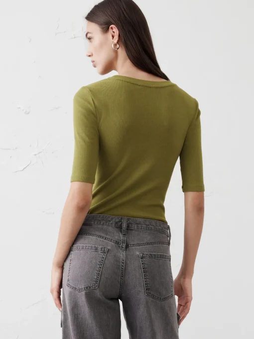 Ribbed Elbow-Sleeve T-Shirt