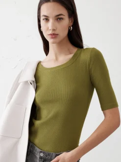Ribbed Elbow-Sleeve T-Shirt