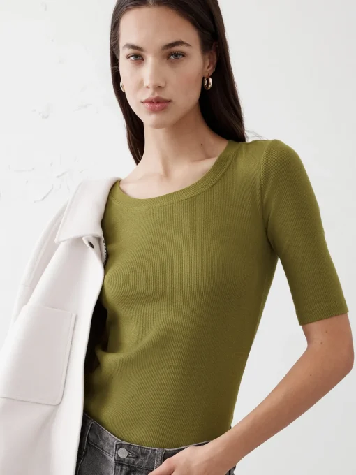 Ribbed Elbow-Sleeve T-Shirt