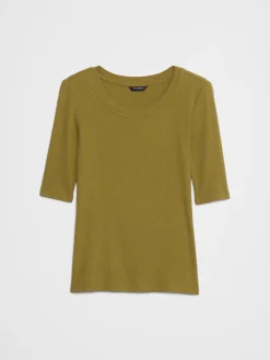 Ribbed Elbow-Sleeve T-Shirt
