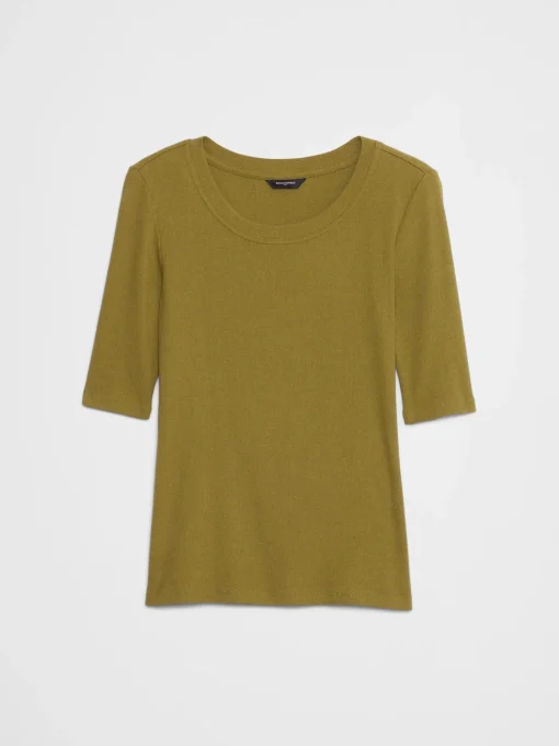 Ribbed Elbow-Sleeve T-Shirt