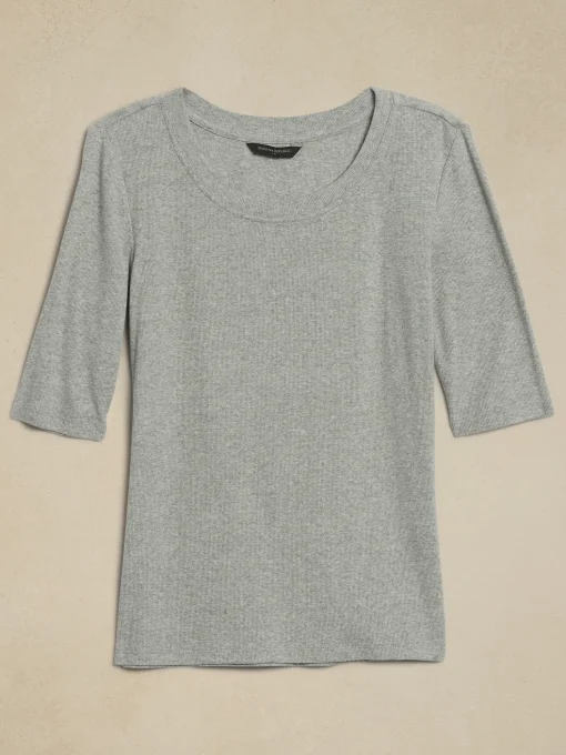 Ribbed Elbow-Sleeve T-Shirt